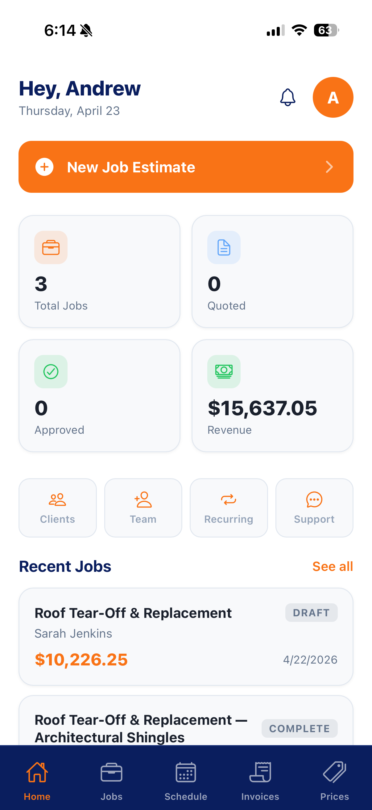 RateForge home dashboard with $15,637 revenue and quoted jobs